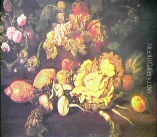 Nature Morte Aux Legumes, Fruits Et Fleurs Oil Painting - Giovanni Battista Ruoppolo