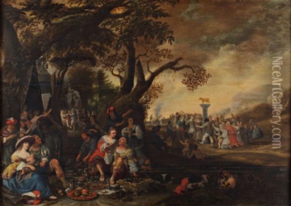 Scene De Banquet Avec L'adoration Du Veau D'or Oil Painting - Anthonie Palamedesz