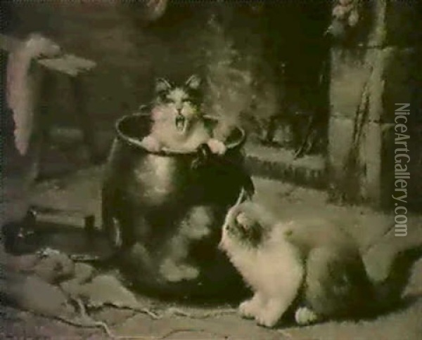 Spielende Katzen Vor Kamin Oil Painting - Leon Charles Huber