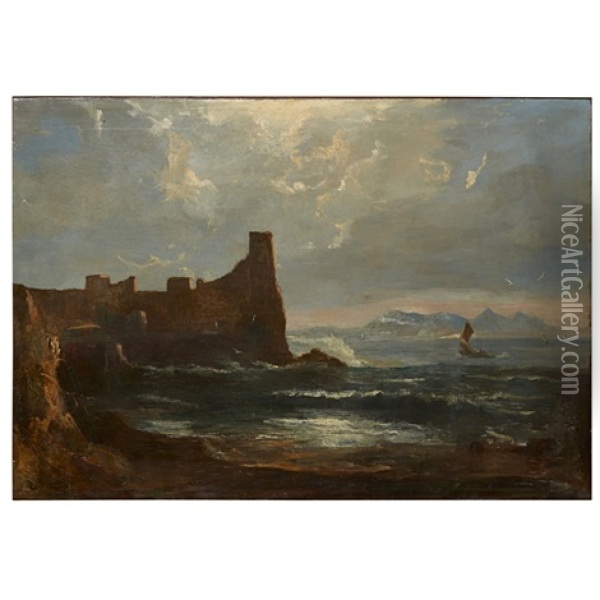 Dunure Castle With Arran In The Distance Oil Painting - John Thomson