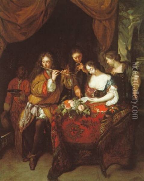 Elegant Figures Gathered At A Table In An Interior, An Allegory Of The Senses Oil Painting - Caspar Netscher