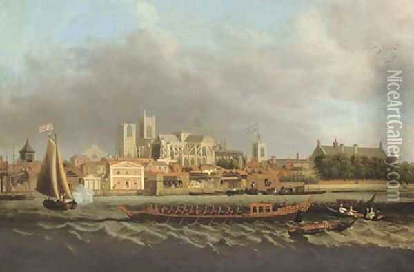 View of Westminster from Lambeth, with a Royal barge in the foreground Oil Painting - Samuel Scott