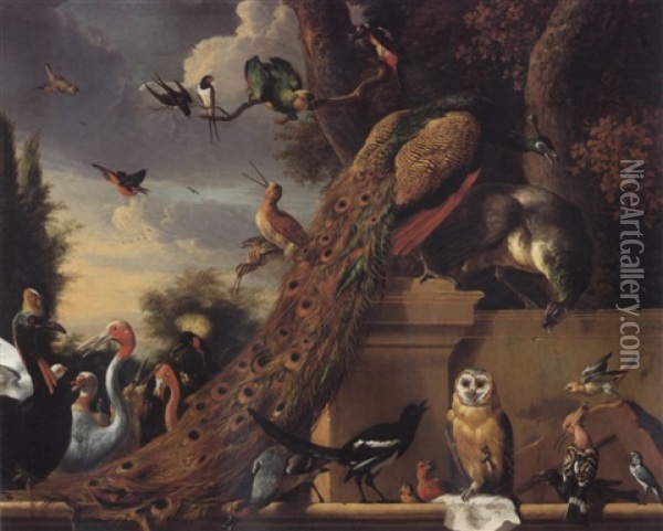 An Assembly Of Birds In A Park Setting An Owl Holding A     Scroll Inscribed Langh Leeft Den Koningh (long Live The King Oil Painting - Melchior de Hondecoeter