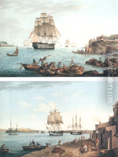 A Frigate And Other Shipping In The Harbour At Valetta Oil Painting - Joseph Schranz