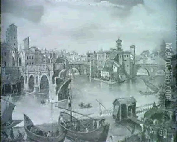 Rome  Views On The Tiber Oil Painting - Hendrick Frans van Lint