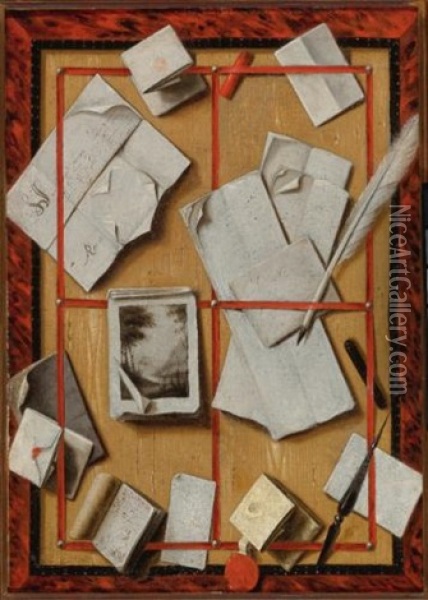 A Trompe L'oeil Still Life With Letters, A Notebook, A Drawing, A Quill, A Letter Opener And Red Sealing Wax Oil Painting - Wallerant Vaillant