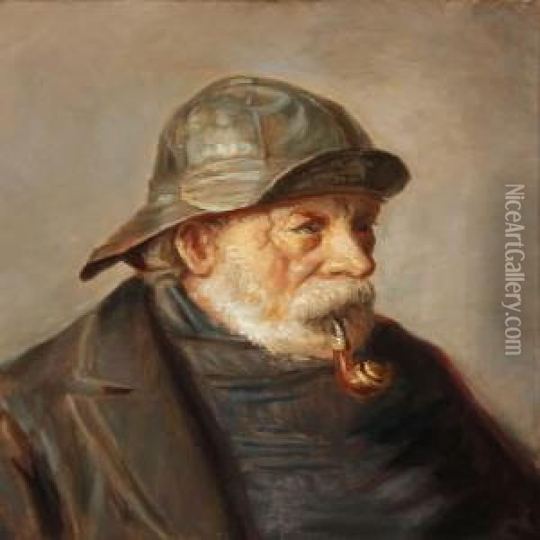 A Fisherman From Skagen Smoking A Pipe Oil Painting - Michael Ancher