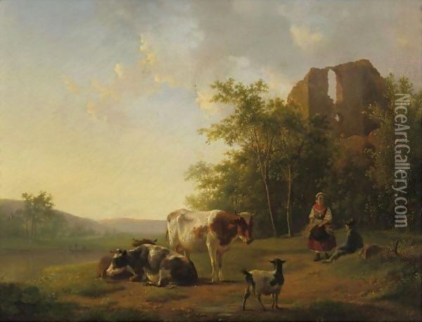 Shepherds And Cattle Resting By A Stream Oil Painting - Hendrikus van den Sande Bakhuyzen