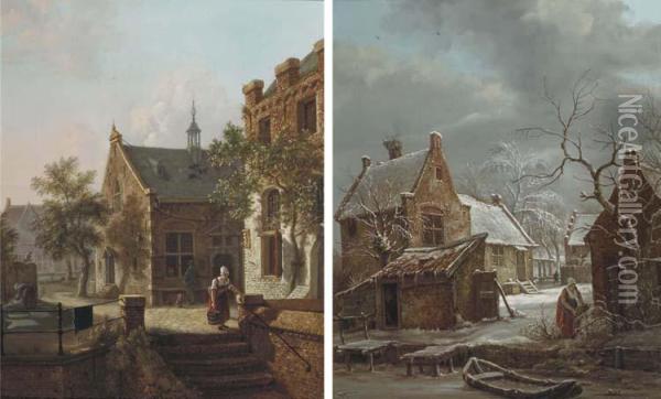 Daily Activities On A Farm In Winter; And Daily Activities In Avillage In Summer Oil Painting - Carel Lodewijk Hansen