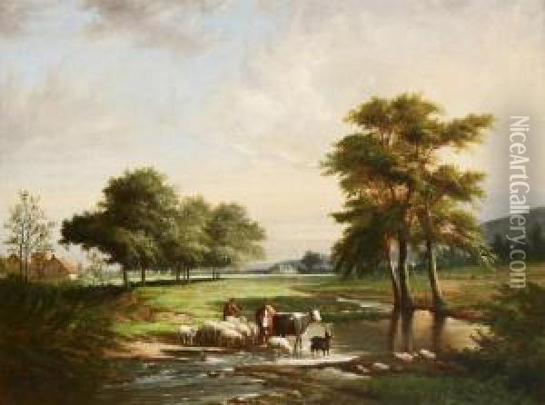 Shepherd With Cattle Crossing The River Oil Painting - Jean-Baptiste Van Leemputten