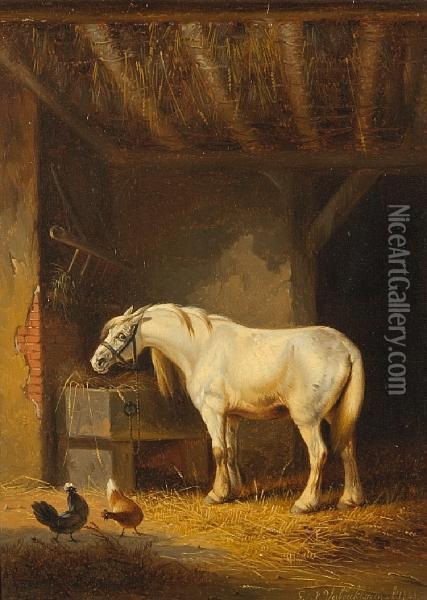 Horse And Chickens In A Barn Oil Painting - Eugene Joseph Verboeckhoven