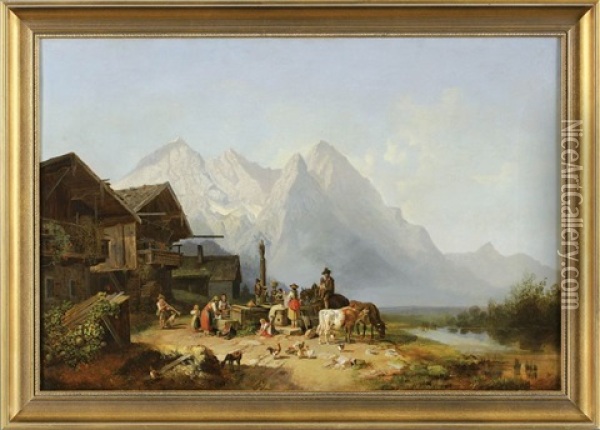 Am Dorfbrunnen Im Gebirge Oil Painting - Heinrich Buerkel