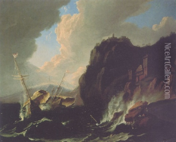 Men O'war In Stormy Waters Off A Rocky Coastline Oil Painting - Pieter Mulier the Younger