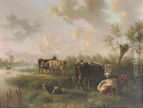 Cattle in a polder landscape Oil Painting - Albertus Verhoesen