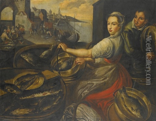 Fish Market Scene With A Man And Woman Sorting Their Display Of Fish And Eel, More Figures Unloading A Boat Moored Beside The Quay Oil Painting - Joachim Beuckelaer