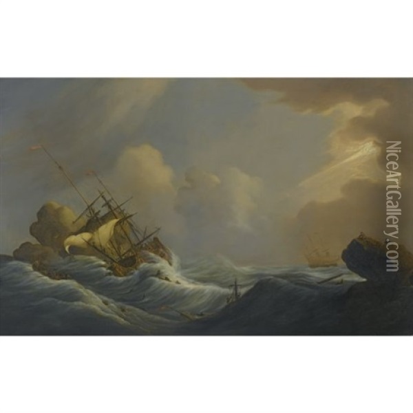 A Shipwreck In Heavy Storms, Another Ship In The Distance Oil Painting - Peter Monamy