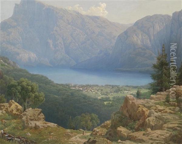 Blick Auf Den Mondsee Oil Painting - Theodor (Wilhelm T.) Nocken