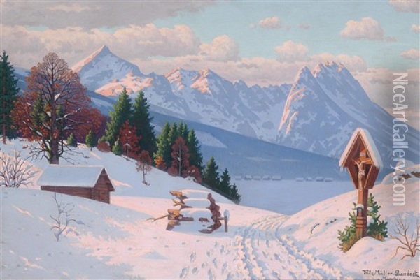 Winterlandschaft,  Garmisch-partenkirchen Mit Der Alpspitze Und Der Zugspitze Oil Painting - Fritz Mueller-Landeck