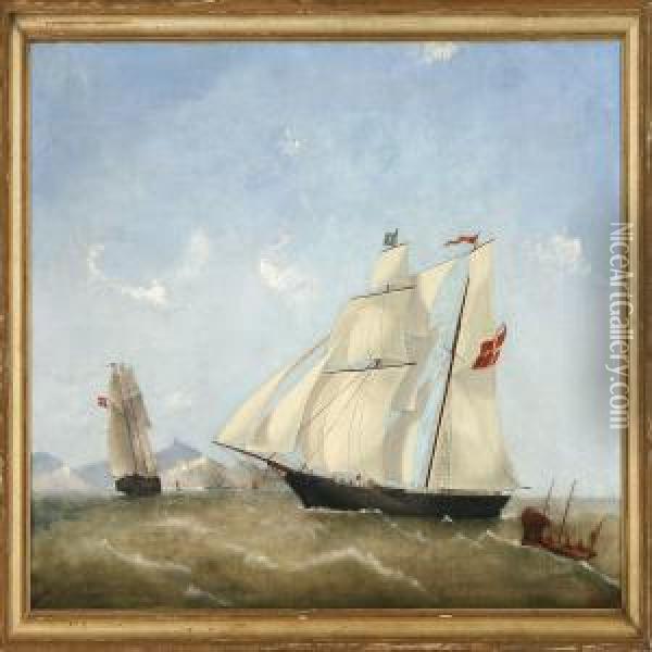 The Schooner Brig Fanny In Fresh Wind Off A Rocky Coast Oil Painting - Frederick Tudgay