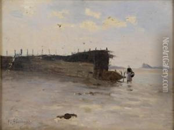 Le Port A Maree Basse Oil Painting - Gustave Edouard Le Senechal De Kerdreoret