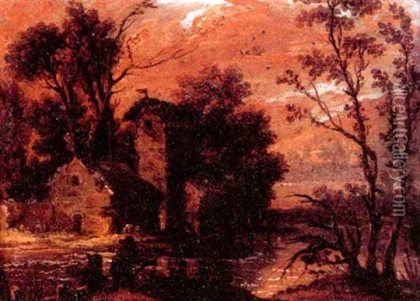 Paysage Avec Moulin Et Pecheurs Oil Painting - Jacques Charles Oudry