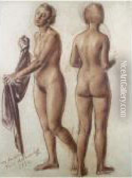 Study Of Standing Nude Oil Painting - Aleksandr Evgen'evich Iakovlev