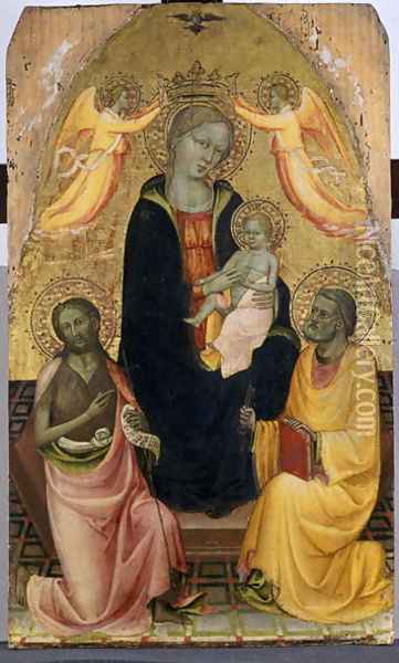 Enthroned Madonna and Child being crowned by two Angels, John the Baptist and the Apostle Peter, c.1410-20 Oil Painting - Baldese Pseudo