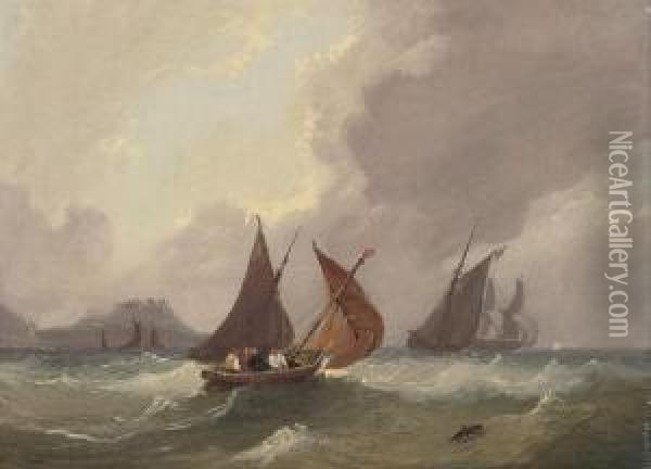 Fishing Boats And Other Shipping
 In Coastal Waters Below A Fortified Promontory (illustrated); And 
Shipping In A Squall In The Channel Oil Painting - Frederick Calvert