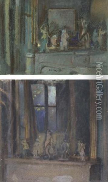 Porcelain Figures On A 
Mantelpiece; And Porcelain Figures On A Mantelpiece With A Self-portrait Oil Painting - Konstantin Andreevic Somov