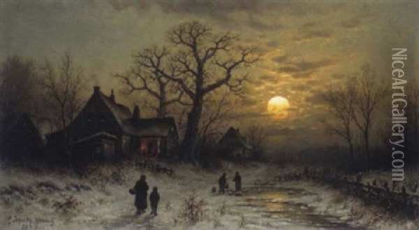 Schmiede Im Walde Bei Mondaufgang Im Winter Oil Painting - Georg Schmitz