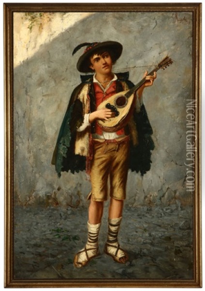 Young Musician Playing A Mandolin Oil Painting - Gaetano Mormile
