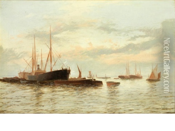 Steamers And Barges Anchored In Open Water Oil Painting - Edward Henry Eugene Fletcher