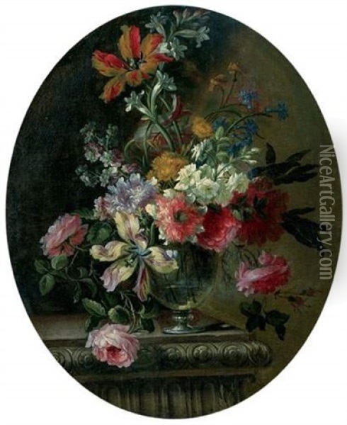 Vase De Fleurs Sur Un Entablement Oil Painting - Jean-Baptiste Belin de Fontenay the Elder