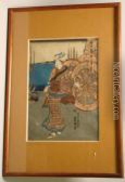 A Woman Standing Beside Cart Wheels Oil Painting - Kunisada