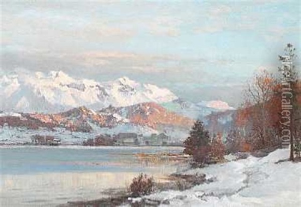 Morgenlys Over En So, I Baggrunden Sneklaedte Bjerge (omkring Munchen?) Oil Painting - Anders Andersen-Lundby