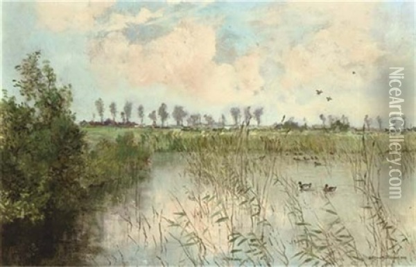 Een Idyllisch Plekje: Ducks On A Lake Oil Painting - Johan Hendrik van Mastenbroek