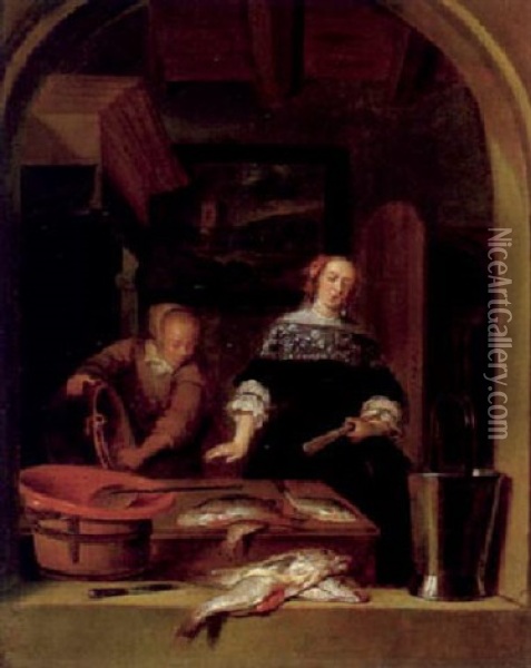 Eine Hausfrau Mit Ihrer Magd In Der Kuche Oil Painting - Quiringh Gerritsz van Brekelenkam