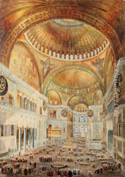 Interior Scenes Of Hagia Sophia - A Group Of Three Watercolors Oil Painting - Gaspard Fossati