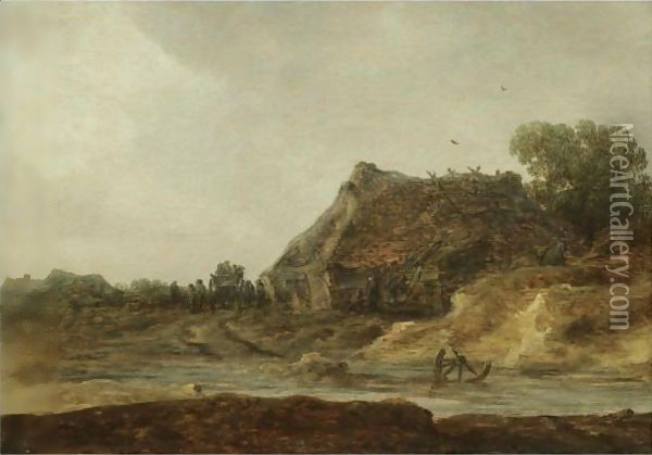 Travellers Passing A Peasant Settlement Oil Painting - Jan van Goyen