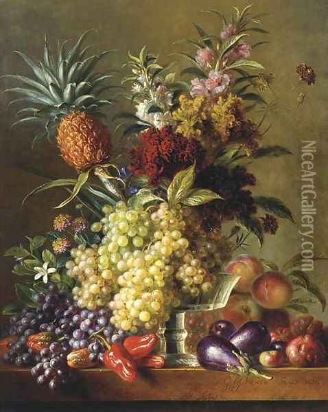 Fruits, vegetables and flowers on a ledge Oil Painting - George Jacobus Johannes Van Os