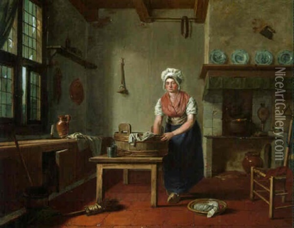 A Kitchen Maid In An Interior Oil Painting - Johannes Hari the Elder