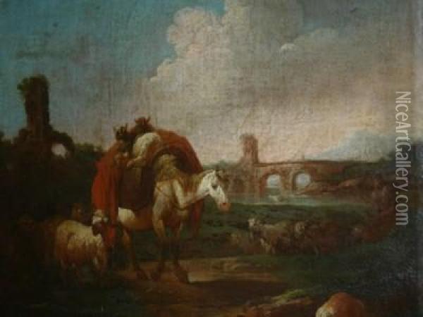 Paesaggio Con Cavallo E Armenti Al Fiume Oil Painting - Domenico Brandi