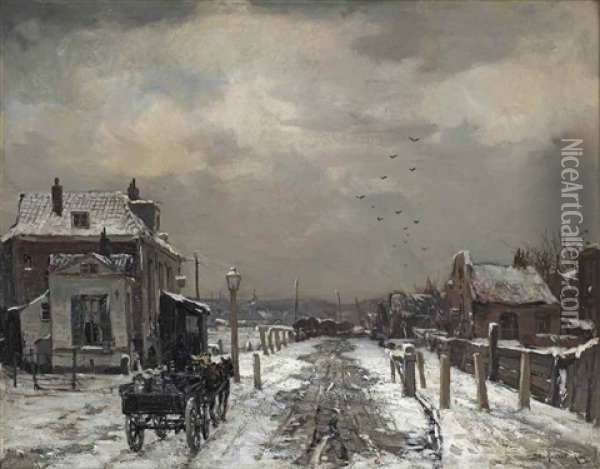 Winter: A Horsedrawn Carriage On A Snowy Path Near A Dutch Town Oil Painting - Johan Hendrik van Mastenbroek