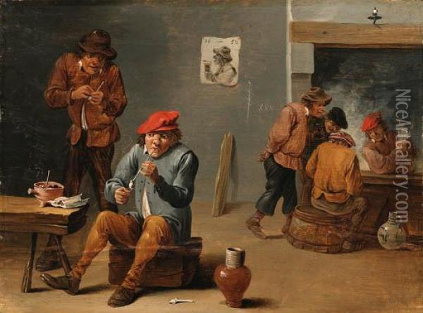 Peasants Smoking And Drinking In A Tavern Interior Oil Painting - Thomas Van Apshoven