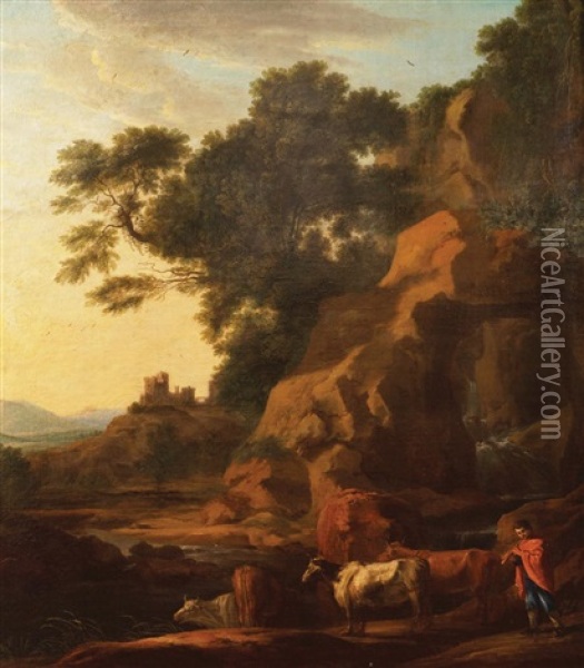 A Landscape With Castle In The Middle Distance. A Waterfall, Cattle And A Piping Herdsman In The Foreground Oil Painting - George Barret