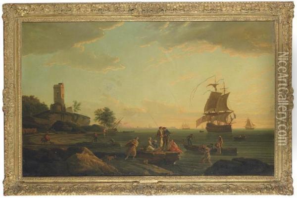 Morning: A Coastal Landscape With Fishermen Unloading Their Catchand A Ships Beyond Oil Painting - Claude-joseph Vernet