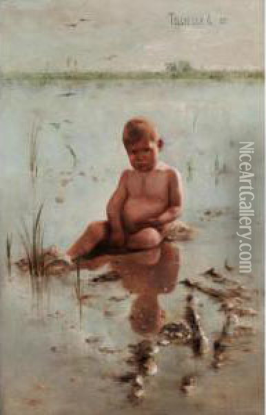 Young Child By The Sea Oil Painting - Arthur Tolgyossy
