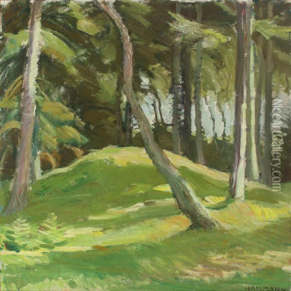 Landscape With Tall Green Trees Oil Painting - Marius Hammann