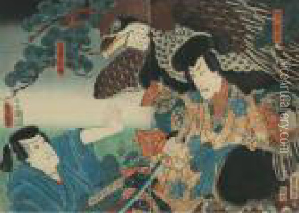 Two Actors In Character Oil Painting - Kunisada