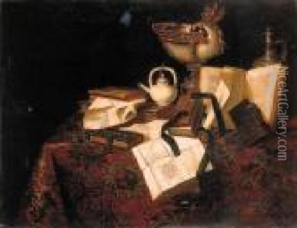 A Vanitas Still Life: A Silver 
Gilt Mounted Nautilus Cup, With Afopwatch, A Silver Jug And A Teapot, 
Books And Documents On Adraped Table Oil Painting - Pseudo Roestraten